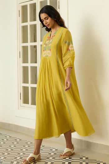 Shop_Vaayu_Yellow Cotton, Muslin Split V-neck Marigold Applique Work Dress _Online_at_Aza_Fashions