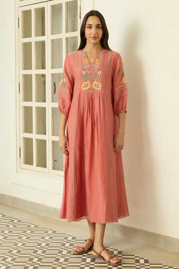 Vaayu_Pink Cotton, Muslin V-neck Blush Applique Work Dress _at_Aza_Fashions