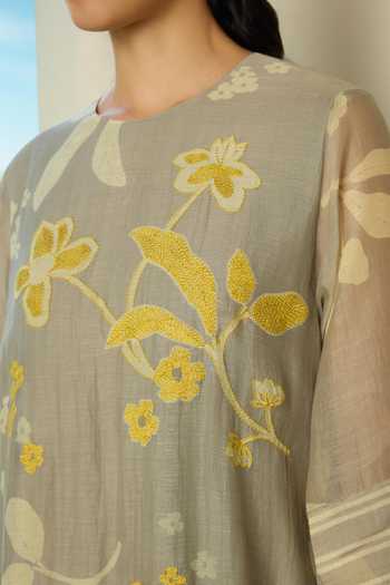 Buy_Vaayu_Grey Cotton, Muslin Round Neck Slate Floral Embroidered Kurta And Pant Set 