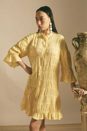 Buy_Shimona_Yellow Cotton, Linen Mandarin Collar Mango Mirage Dress _at_Aza_Fashions