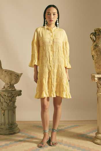 Shimona_Yellow Cotton, Linen Mandarin Collar Mango Mirage Dress _Online_at_Aza_Fashions