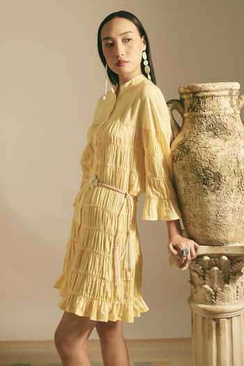 Buy_Shimona_Yellow Cotton, Linen Mandarin Collar Mango Mirage Dress _Online_at_Aza_Fashions