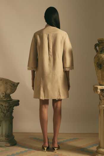 Shop_Shimona_Beige Cotton, Linen Collared , Button-down Desert Applique Dress _at_Aza_Fashions