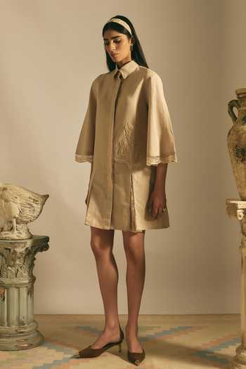 Shimona_Beige Cotton, Linen Collared , Button-down Desert Applique Dress _Online_at_Aza_Fashions