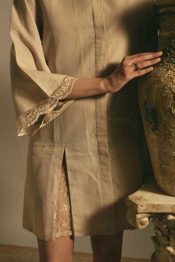 Buy_Shimona_Beige Cotton, Linen Collared , Button-down Desert Applique Dress _Online_at_Aza_Fashions