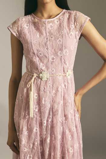 Shimona_Pink Cotton, Linen Round Neck Blush Panelled Dress _Online_at_Aza_Fashions