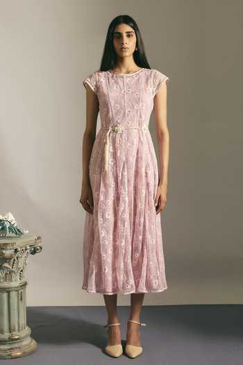 Shop_Shimona_Pink Cotton, Linen Round Neck Blush Panelled Dress _at_Aza_Fashions