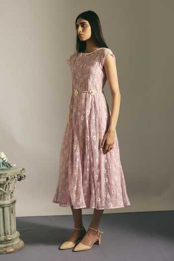 Buy_Shimona_Pink Cotton, Linen Round Neck Blush Panelled Dress _Online_at_Aza_Fashions