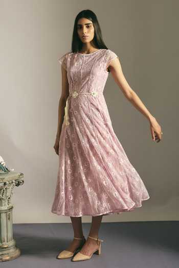 Shop_Shimona_Pink Cotton, Linen Round Neck Blush Panelled Dress _Online_at_Aza_Fashions