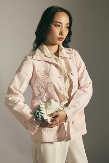 Shop_Shimona_Pink Silk, Chanderi Collared Neck Rose Embroidered Jacket _at_Aza_Fashions