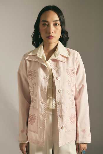 Shimona_Pink Silk, Chanderi Collared Neck Rose Embroidered Jacket _Online_at_Aza_Fashions