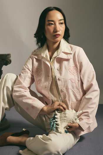 Buy_Shimona_Pink Silk, Chanderi Collared Neck Rose Embroidered Jacket _Online_at_Aza_Fashions