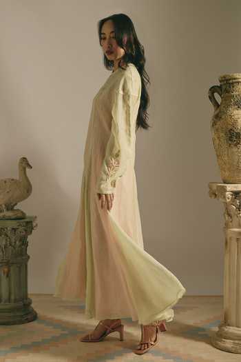 Shop_Shimona_Green Silk, Chanderi Round Neck Pistachio Bloom Dress _at_Aza_Fashions