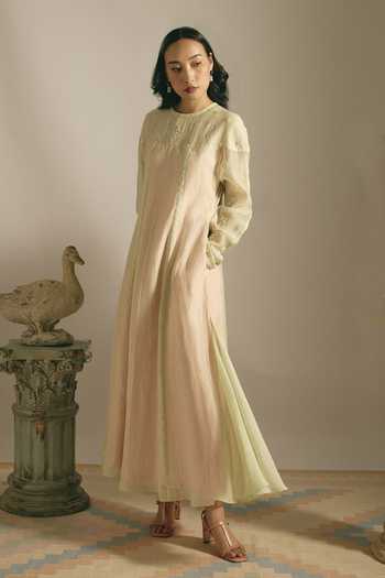 Shimona_Green Silk, Chanderi Round Neck Pistachio Bloom Dress _Online_at_Aza_Fashions