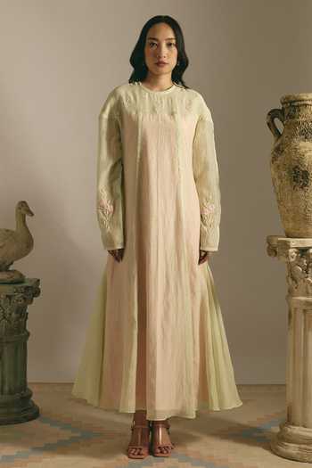 Buy_Shimona_Green Silk, Chanderi Round Neck Pistachio Bloom Dress _at_Aza_Fashions