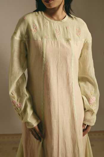 Buy_Shimona_Green Silk, Chanderi Round Neck Pistachio Bloom Dress _Online_at_Aza_Fashions