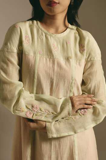 Shop_Shimona_Green Silk, Chanderi Round Neck Pistachio Bloom Dress _Online_at_Aza_Fashions