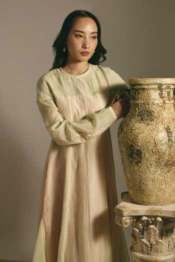 Shimona_Green Silk, Chanderi Round Neck Pistachio Bloom Dress _at_Aza_Fashions