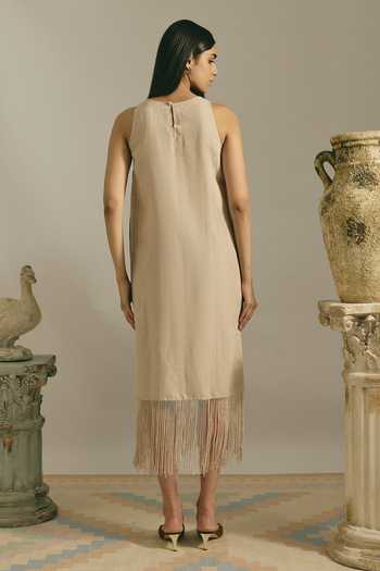 Shop_Shimona_Beige Cotton, Denim High Neck Desert Fringe Dress _at_Aza_Fashions
