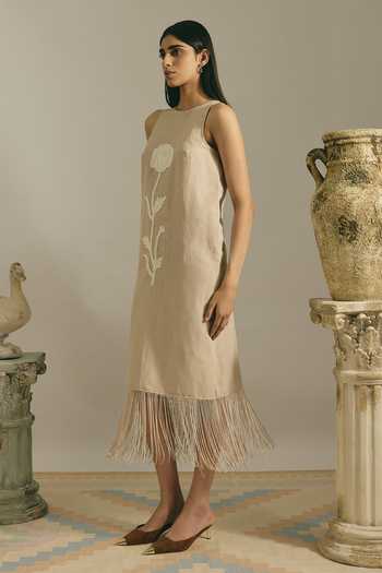 Shimona_Beige Cotton, Denim High Neck Desert Fringe Dress _Online_at_Aza_Fashions