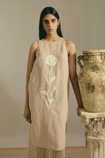 Buy_Shimona_Beige Cotton, Denim High Neck Desert Fringe Dress _Online_at_Aza_Fashions