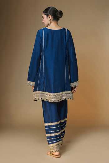 Shop_Renee label_Blue Silk, Dupion, Tissue V-neck Midnight Choga Kurta Salwar Set _at_Aza_Fashions