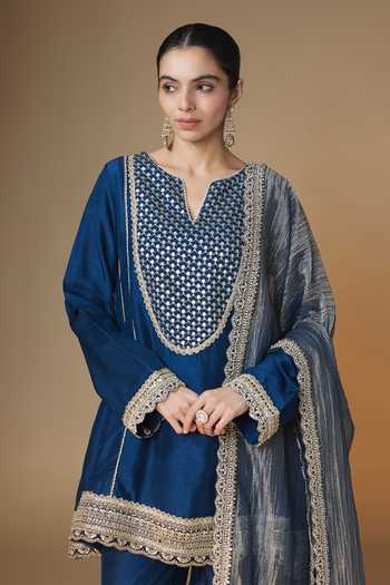 Renee label_Blue Silk, Dupion, Tissue V-neck Midnight Choga Kurta Salwar Set _Online_at_Aza_Fashions