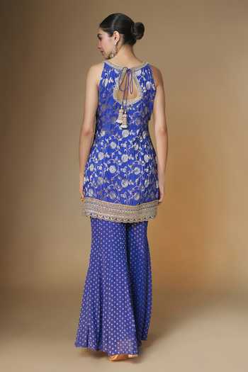 Shop_Renee label_Blue Silk, Tissue, Viscose Georgette V-neck Woven Kurta Sharara Set _at_Aza_Fashions