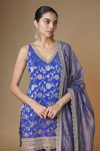 Buy_Renee label_Blue Silk, Tissue, Viscose Georgette V-neck Woven Kurta Sharara Set _Online_at_Aza_Fashions