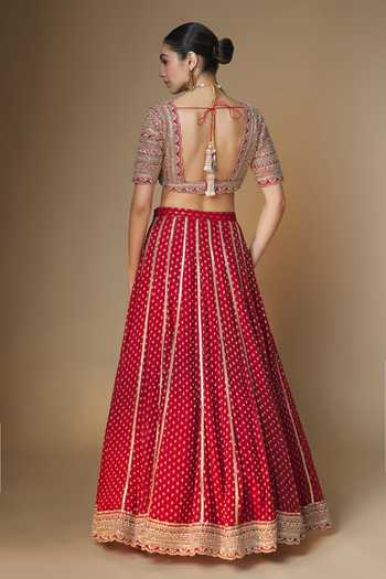 Shop_Renee label_Red Viscose Georgette, Silk, Tissue V-neck Banarasi Woven Lehenga Set _at_Aza_Fashions
