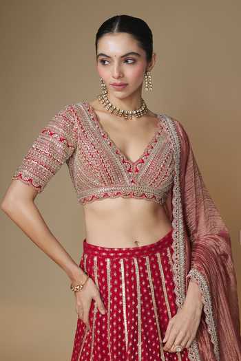 Renee label_Red Viscose Georgette, Silk, Tissue V-neck Banarasi Woven Lehenga Set _Online_at_Aza_Fashions