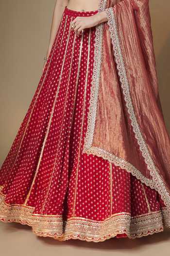 Shop_Renee label_Red Viscose Georgette, Silk, Tissue V-neck Banarasi Woven Lehenga Set _Online_at_Aza_Fashions