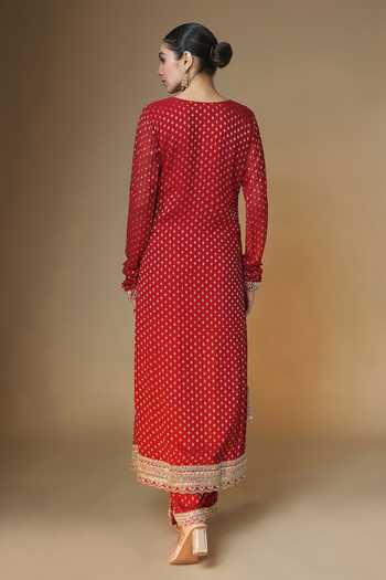 Shop_Renee label_Red Viscose Georgette, Tissue Scoop Neck, Yes Banarasi Butti Kurta Set _at_Aza_Fashions