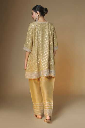 Shop_Renee label_Gold Viscose Georgette, Tissue, Silk, Dupion Champagne Choga Kurta Salwar Set _at_Aza_Fashions