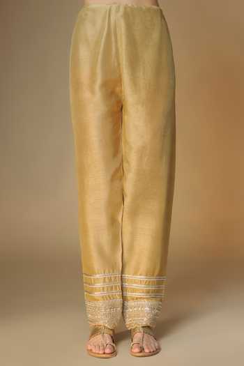 Renee label_Gold Viscose Georgette, Tissue, Silk, Dupion Champagne Choga Kurta Salwar Set _Online_at_Aza_Fashions