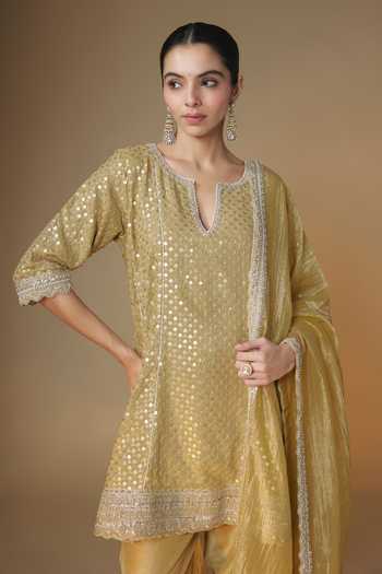 Buy_Renee label_Gold Viscose Georgette, Tissue, Silk, Dupion Champagne Choga Kurta Salwar Set _Online_at_Aza_Fashions