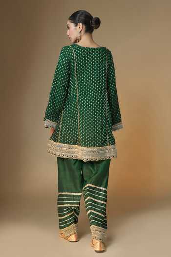 Shop_Renee label_Green Silk, Dupion, Tissue V-neck Emerald Choga Kurta Farshi Salwar Set _at_Aza_Fashions
