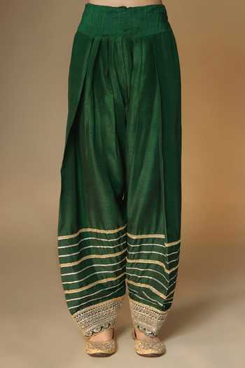 Renee label_Green Silk, Dupion, Tissue V-neck Emerald Choga Kurta Farshi Salwar Set _Online_at_Aza_Fashions