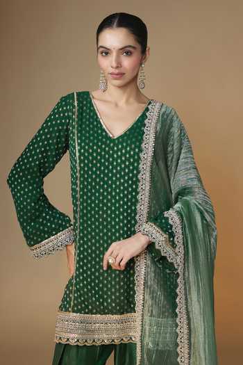 Buy_Renee label_Green Silk, Dupion, Tissue V-neck Emerald Choga Kurta Farshi Salwar Set _Online_at_Aza_Fashions