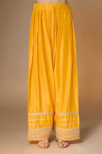 Renee label_Yellow Silk, Brocade, Tissue, Dupion Round Neck Sunset Kurta Farshi Salwar Set _Online_at_Aza_Fashions