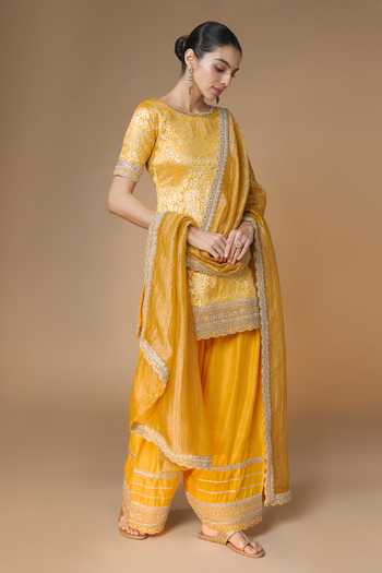 Buy_Renee label_Yellow Silk, Brocade, Tissue, Dupion Round Neck Sunset Kurta Farshi Salwar Set _at_Aza_Fashions