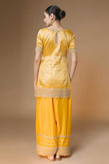 Shop_Renee label_Yellow Silk, Brocade, Tissue, Dupion Round Neck Sunset Kurta Farshi Salwar Set _at_Aza_Fashions