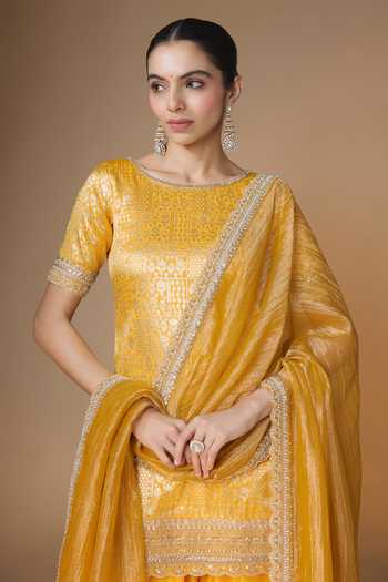 Buy_Renee label_Yellow Silk, Brocade, Tissue, Dupion Round Neck Sunset Kurta Farshi Salwar Set _Online_at_Aza_Fashions