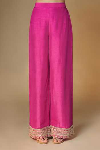 Renee label_Pink Silk, Brocade, Dupion Split V-neck Raspberry Jaal Kurta Palazzo Set _Online_at_Aza_Fashions