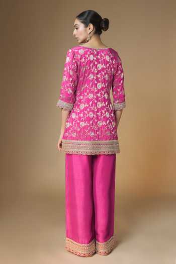 Shop_Renee label_Pink Silk, Brocade, Dupion Split V-neck Raspberry Jaal Kurta Palazzo Set _at_Aza_Fashions