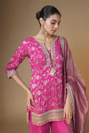 Buy_Renee label_Pink Silk, Brocade, Dupion Split V-neck Raspberry Jaal Kurta Palazzo Set _Online_at_Aza_Fashions