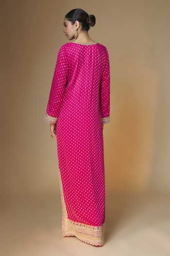 Shop_Renee label_Pink Viscose Georgette Round , Keyhole Raspberry Banarasi Butti Kaftan _at_Aza_Fashions