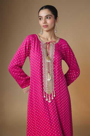 Renee label_Pink Viscose Georgette Round , Keyhole Raspberry Banarasi Butti Kaftan _Online_at_Aza_Fashions