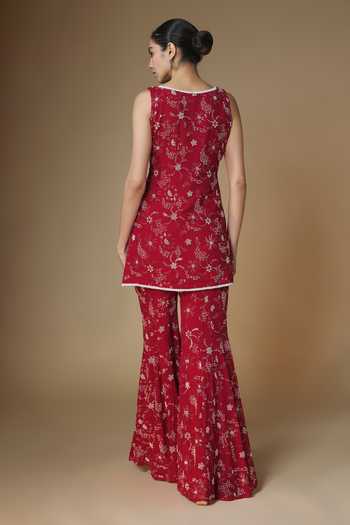 Shop_Renee label_Red Viscose Georgette, Net Leaf Neck, Yes Floral Embroidered Kurta Sharara Set _at_Aza_Fashions