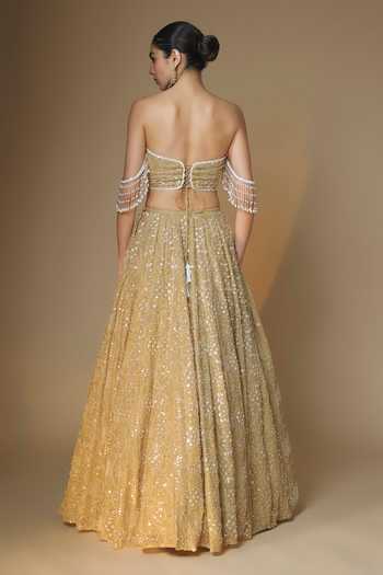 Shop_Renee label_Gold Viscose Georgette, Net Sweetheart Neck Embroidered Lehenga Set _at_Aza_Fashions